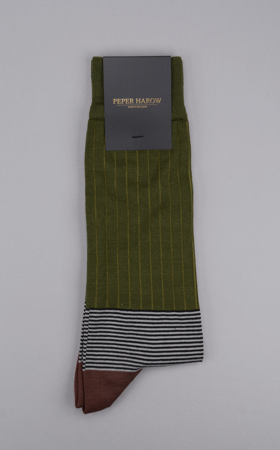 Peper Harow<p>oxford stripe<p>men's cotton crew socks<p>green