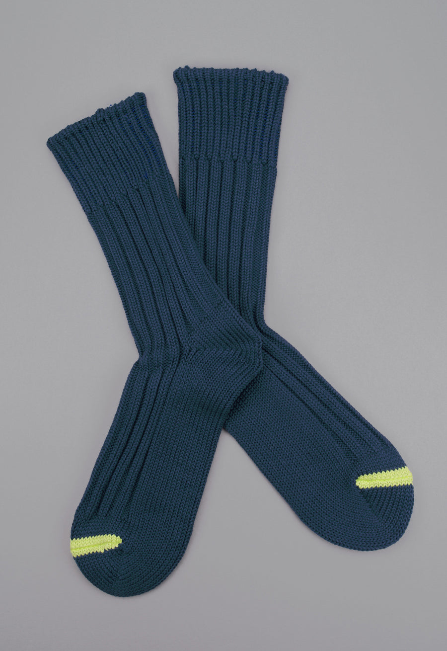 ROTOTO<p>chunky rib cotton crew sock<p>dark blue/lime