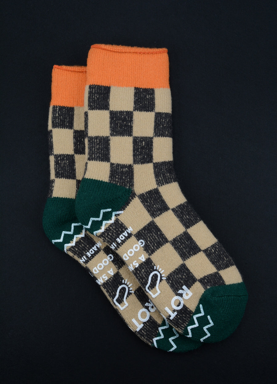 ROTOTO<p>pile room checkerboard<p>mix fabric room socks<p>beige/dark green