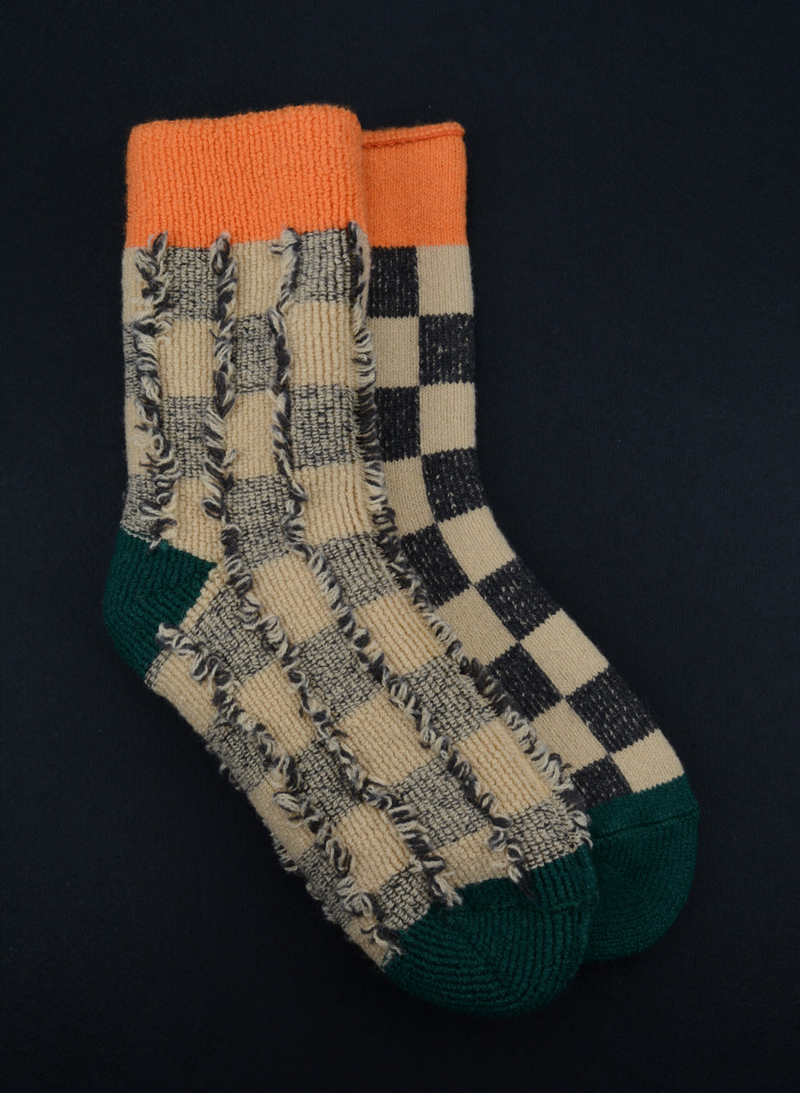 ROTOTO<p>pile room checkerboard<p>mix fabric room socks<p>beige/dark green