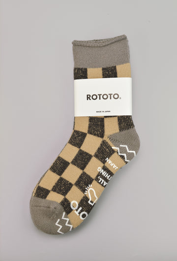 ROTOTO<p> pile checkerboard<p> mix fabric room socks<p>grey/beige