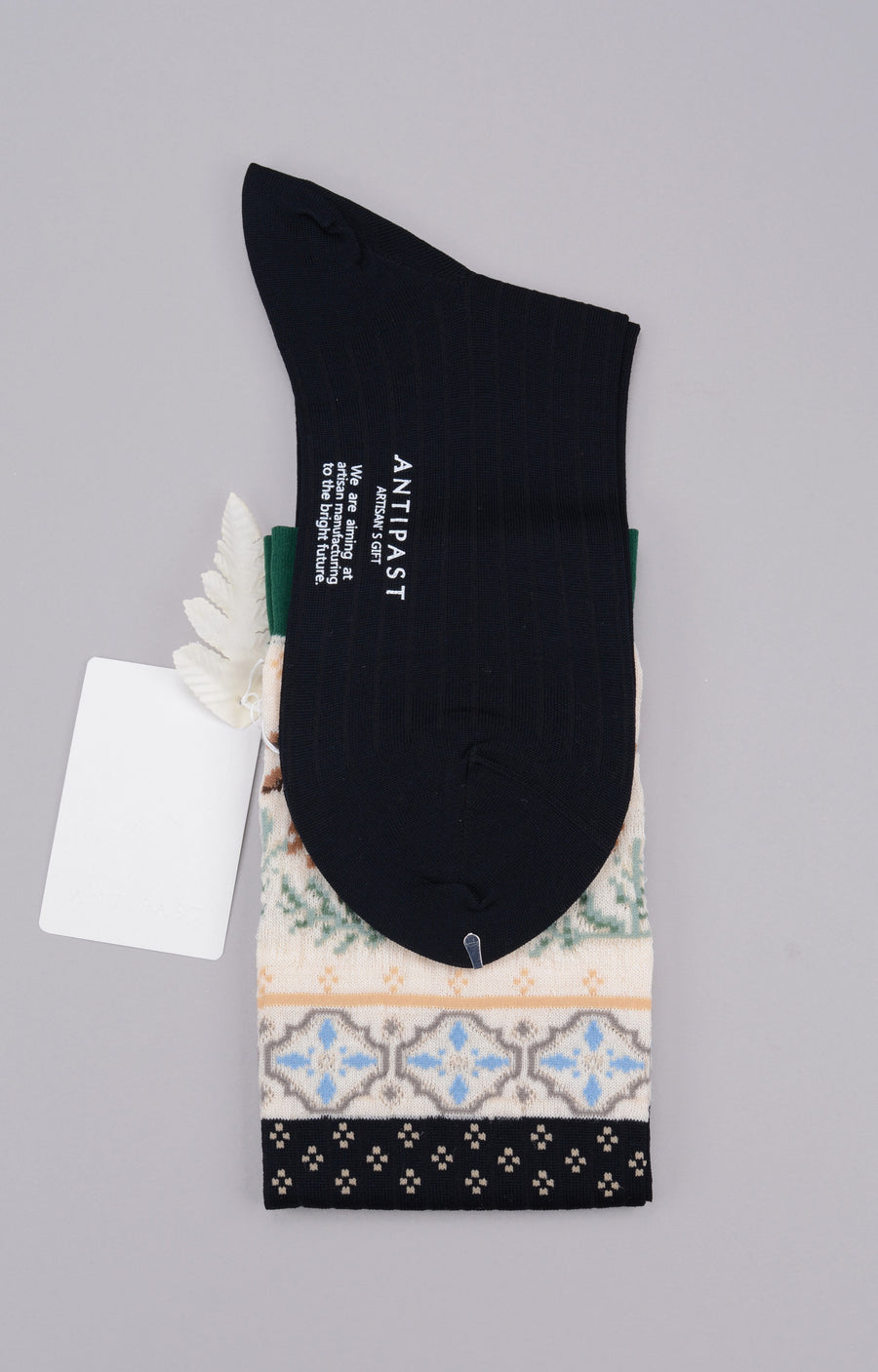 Antipast<p> floral mosaic<p>cotton + wool knee sock<p>black