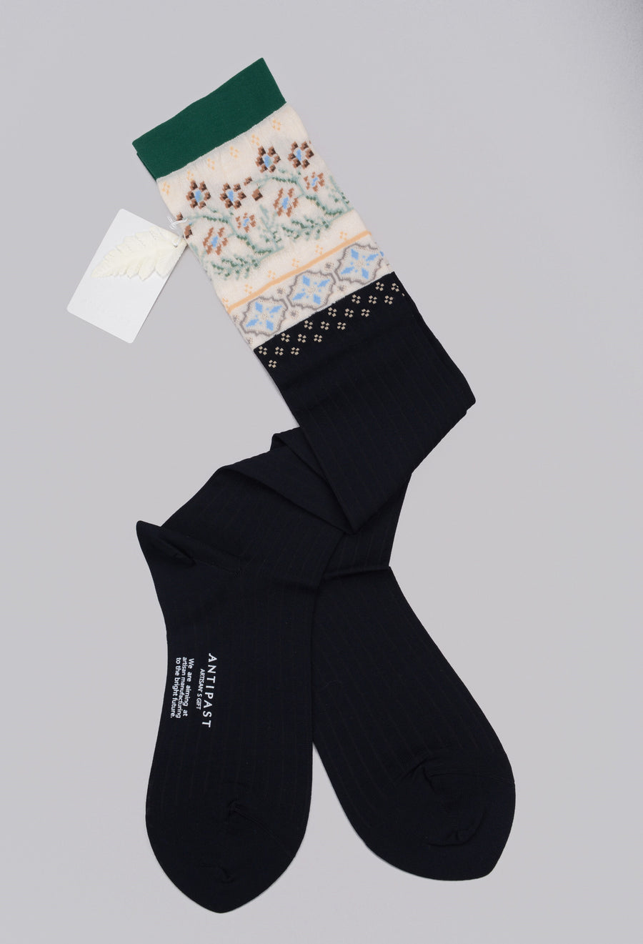 Antipast<p> floral mosaic<p>cotton + wool knee sock<p>black