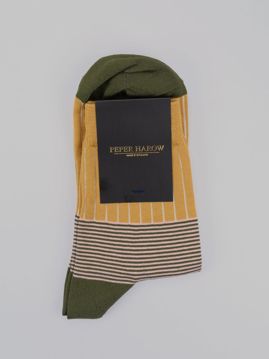 Peper Harow<p>oxford stripe<p>women's cotton crew socks<p>mustard