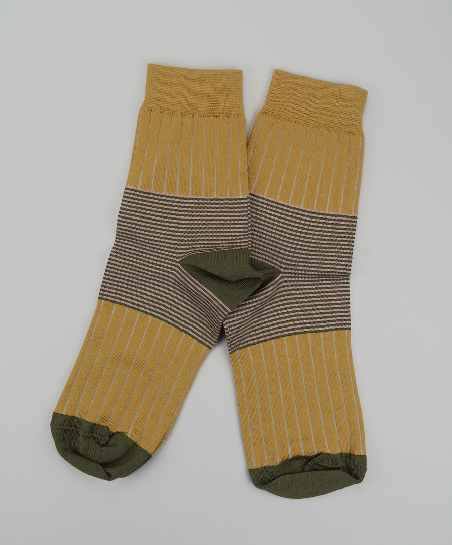 Peper Harow<p>oxford stripe<p>women's cotton crew socks<p>mustard