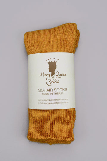 Mary Queen of Socks<p> Derbyshire walking<p>thick cosy mohair<p> mustard