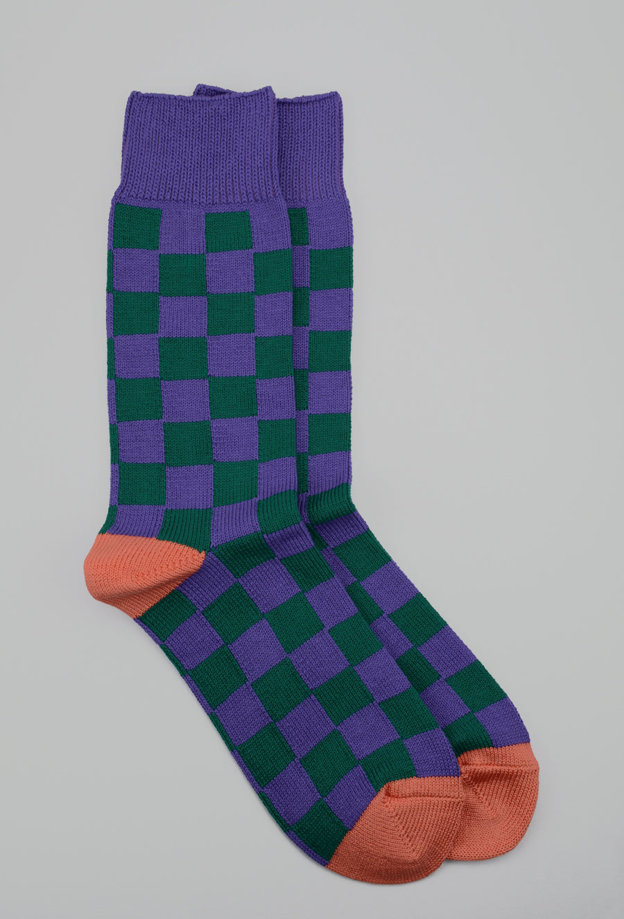 ROTOTO<p>checkerboard crew cotton socks<p>purple/green