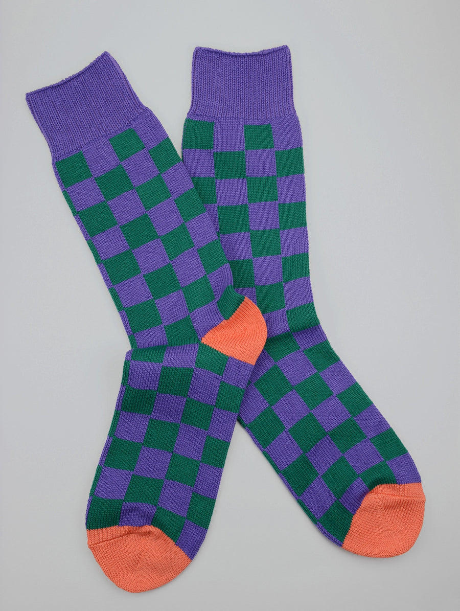 ROTOTO<p>checkerboard crew cotton socks<p>purple/green