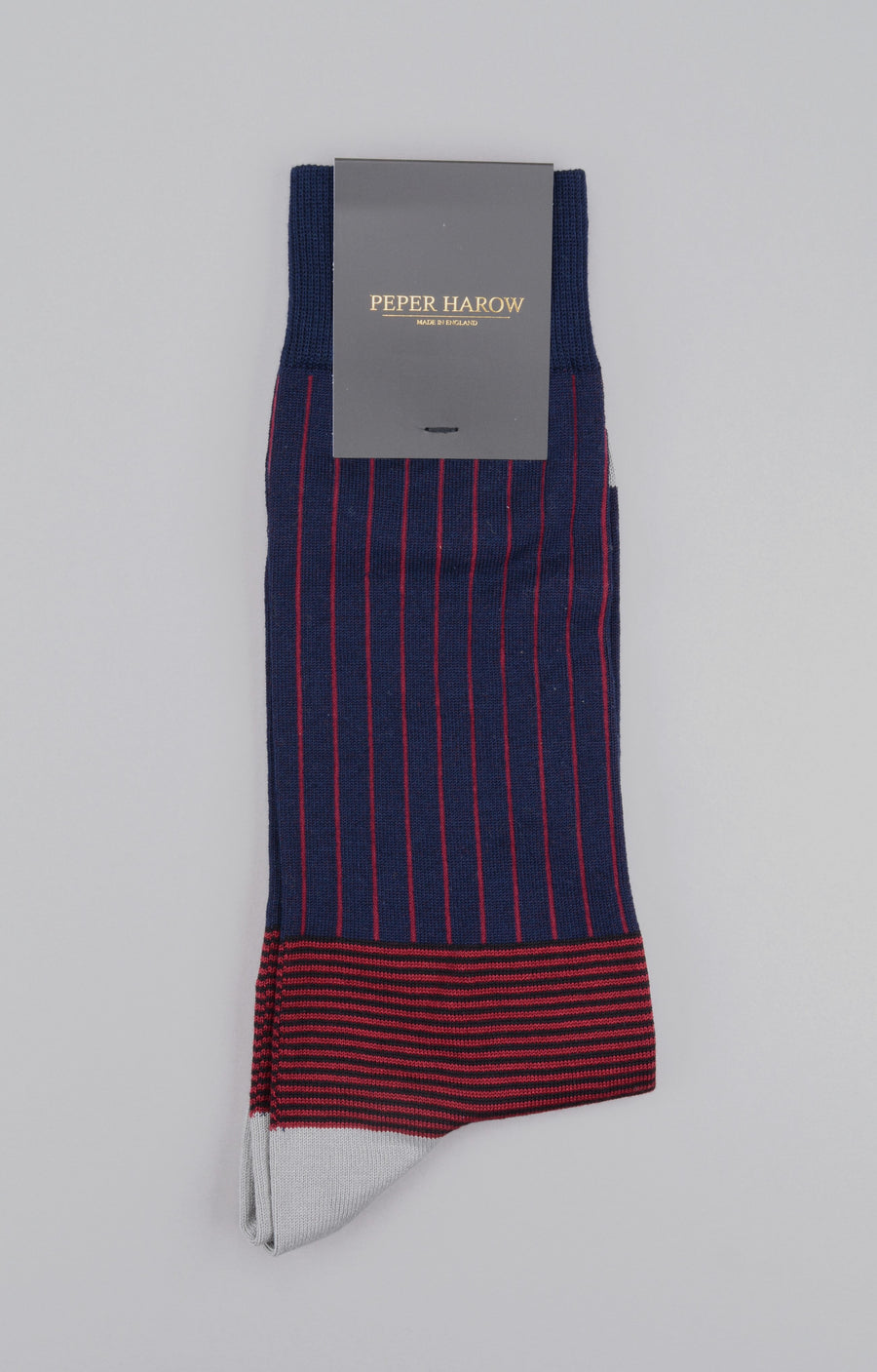 Peper Harow<p>oxford stripe<p>men's cotton crew socks<p>navy