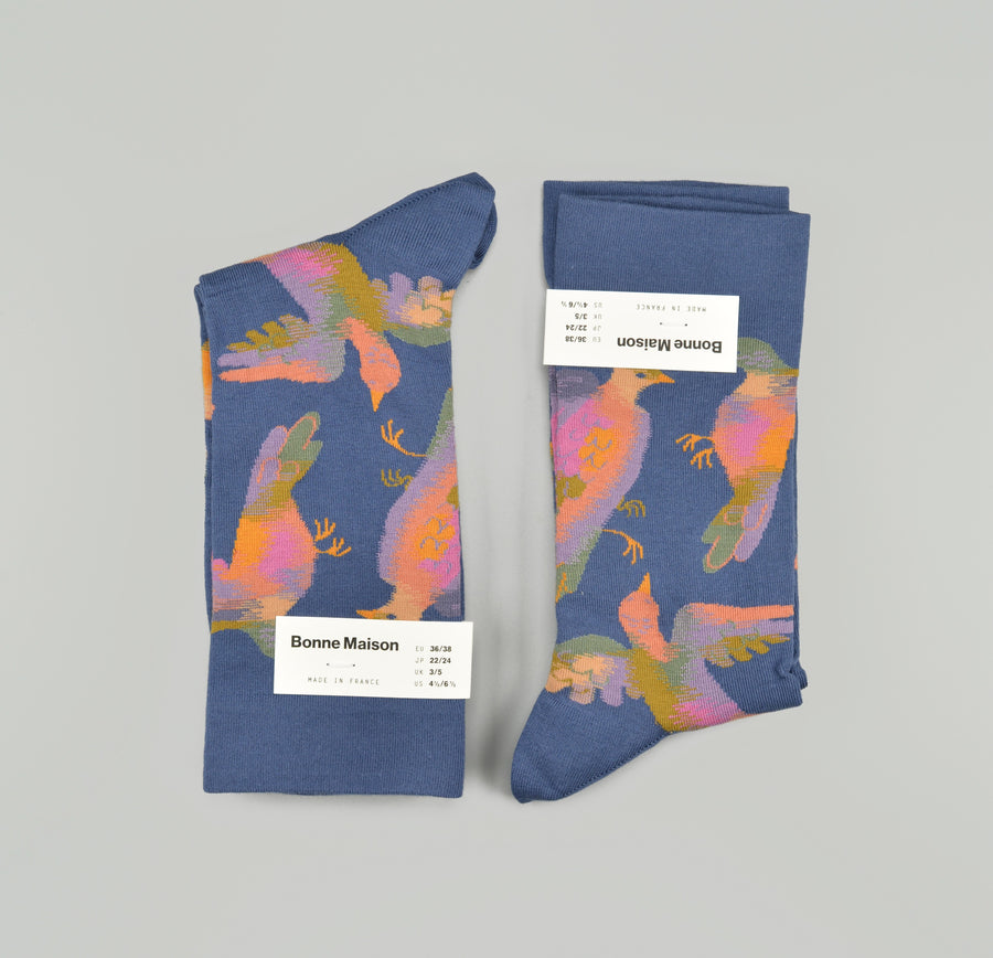 Bonne Maison<p>birds denim<p>crew cotton socks