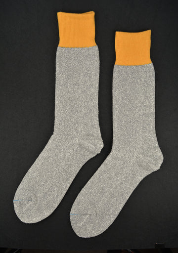 ROTOTO<p> double face crew socks<p> silk + cotton<p> grey + mustard