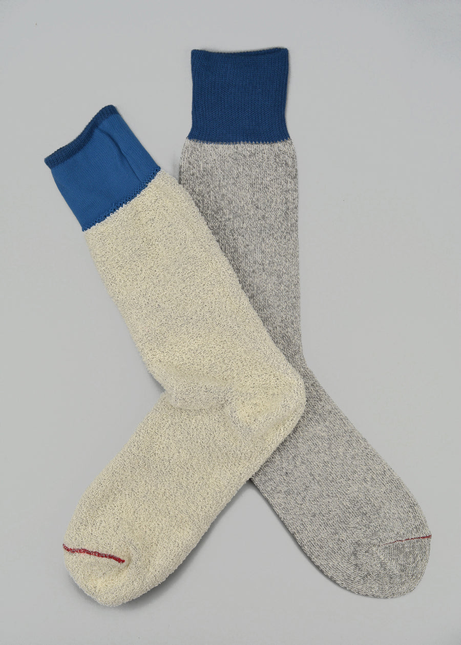 ROTOTO<p> double face crew socks<p> silk + cotton<p> grey + blue