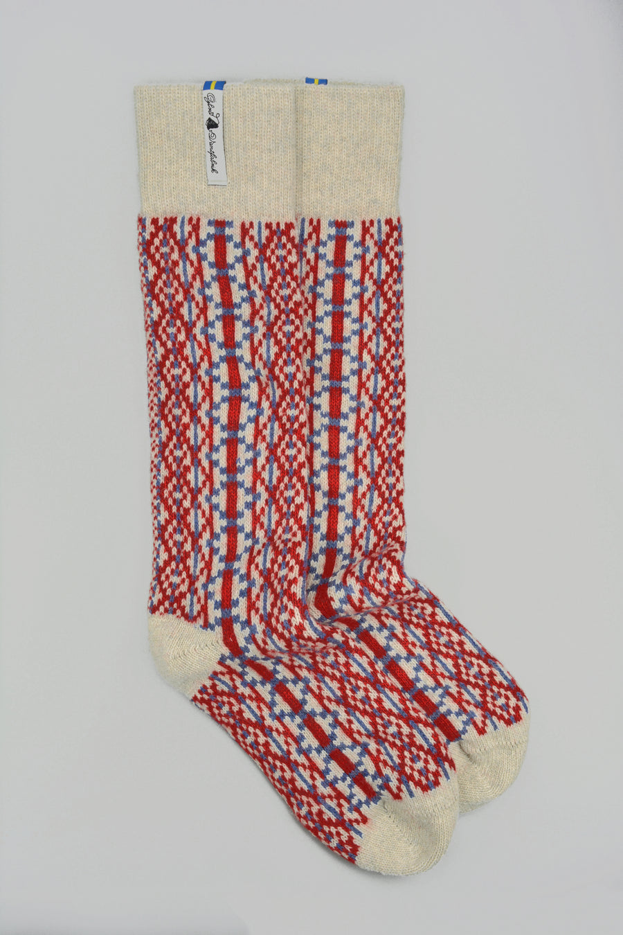 Ojbro<p>lycksele<p>wool long sock<p>red + blue