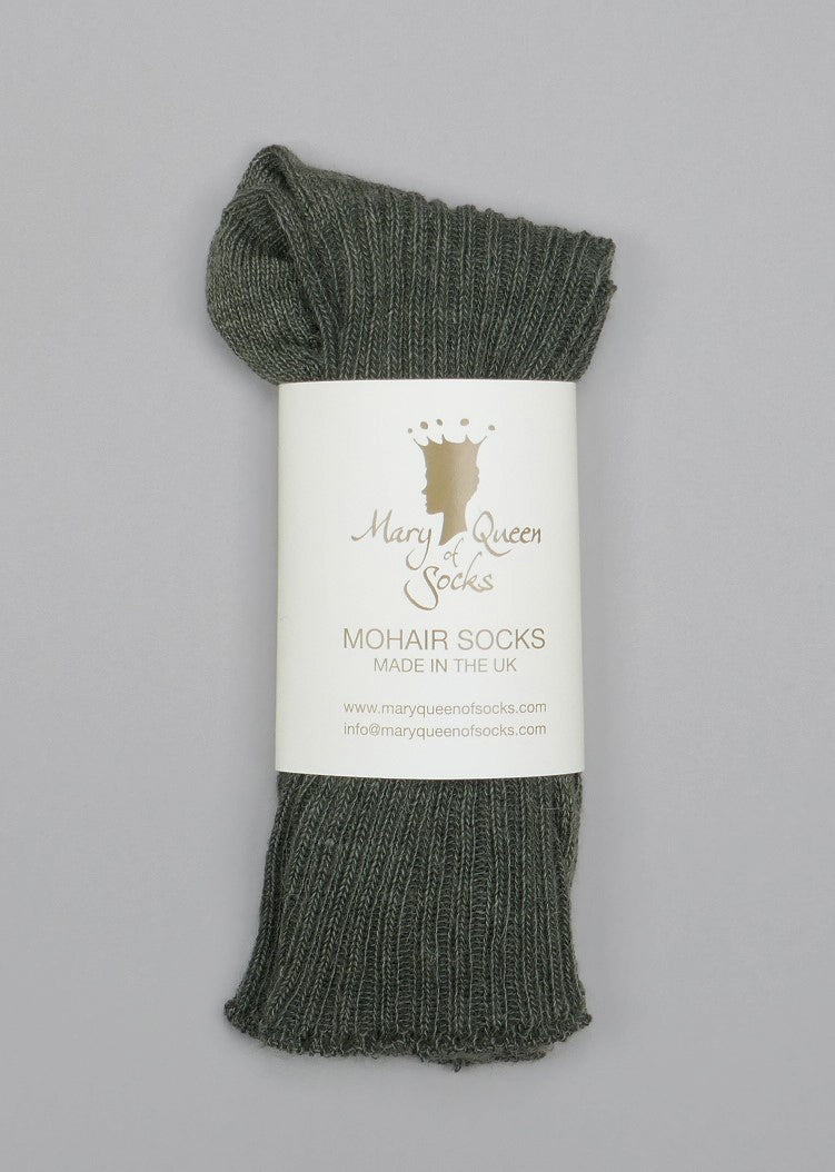 Mary Queen of Socks<p>Sussex loose top<p>mohair crew socks<p>green